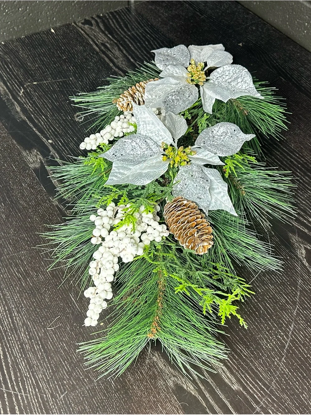 Festive Silver Poinsettia Pine Garland - Home Holiday - Pinecone Accent - 23x13